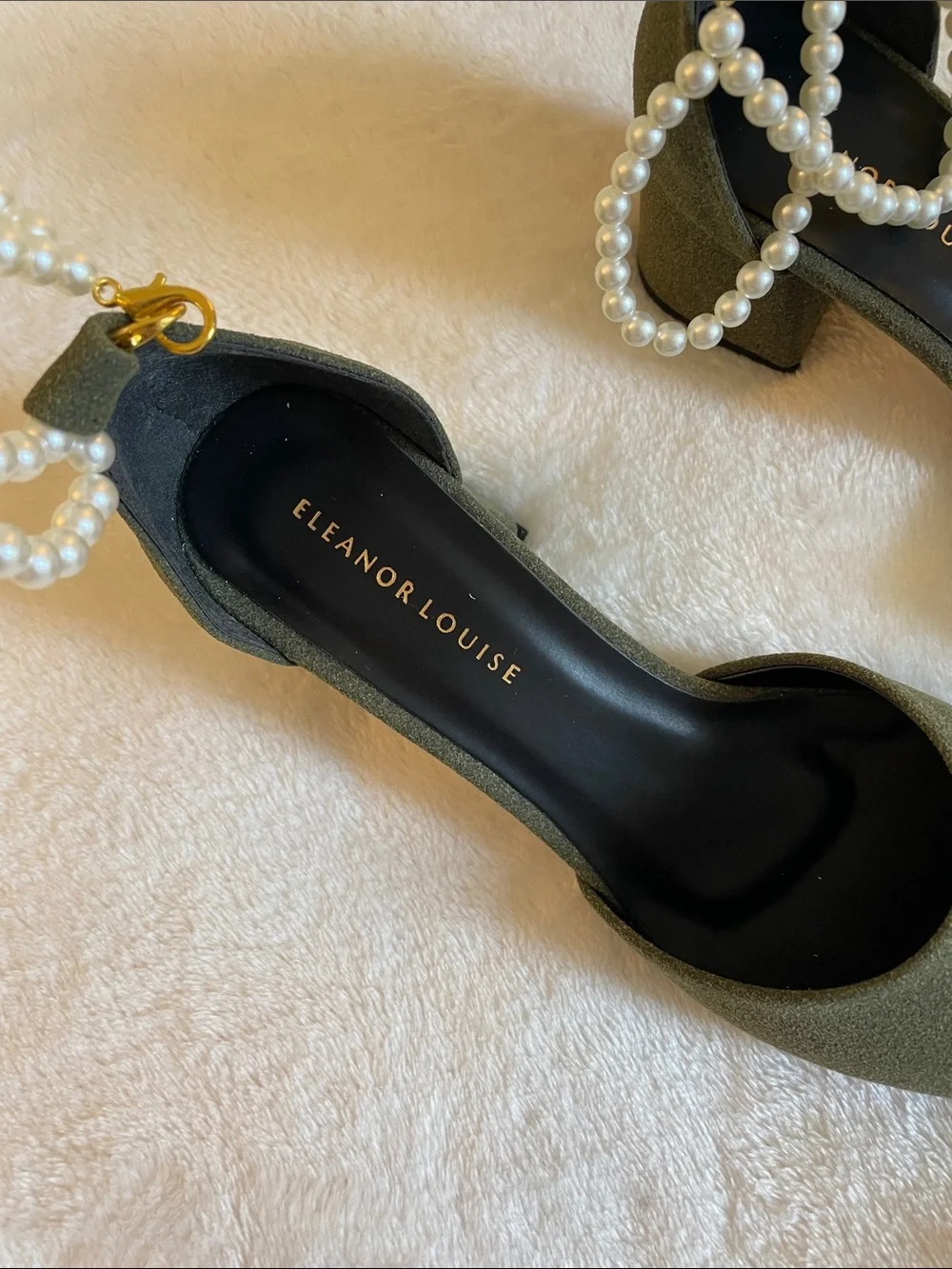 Eleanor Louise Pearl-Ankle Strap Olive Pointed Block Heel Pumps